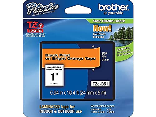 Brother TZe-B51 Labelling Tape Cassette, Black on Fluorescent Orange, 24mm (W) x 5M (L), Laminated, Brother Genuine Supplies