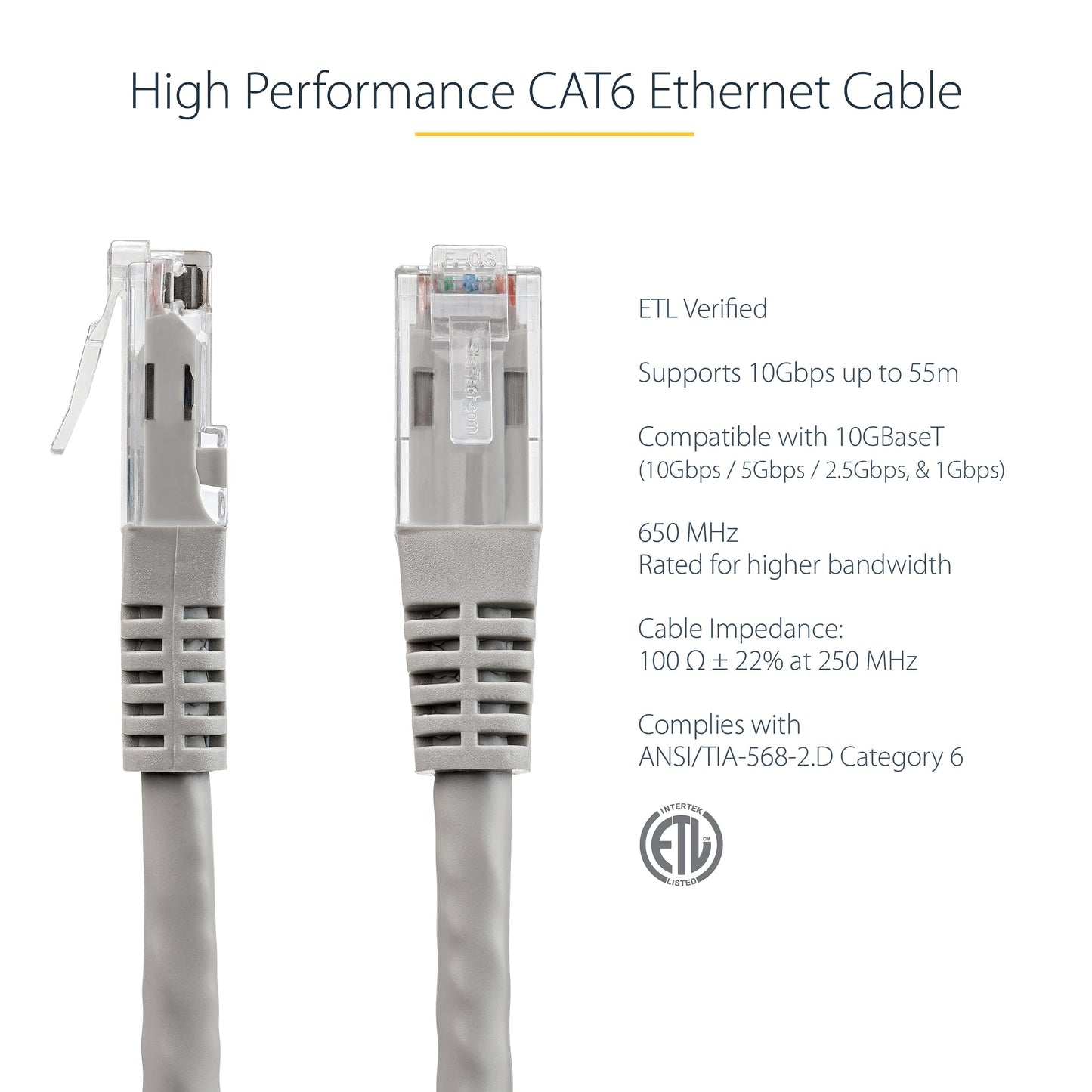 StarTech.com 10ft CAT6 Ethernet Cable - Gray CAT 6 Gigabit Ethernet Wire -650MHz 100W PoE++ RJ45 UTP Molded Category 6 Network/Patch Cord w/Strain Relief/Fluke Tested UL/TIA Certified (C6PATCH10GR)