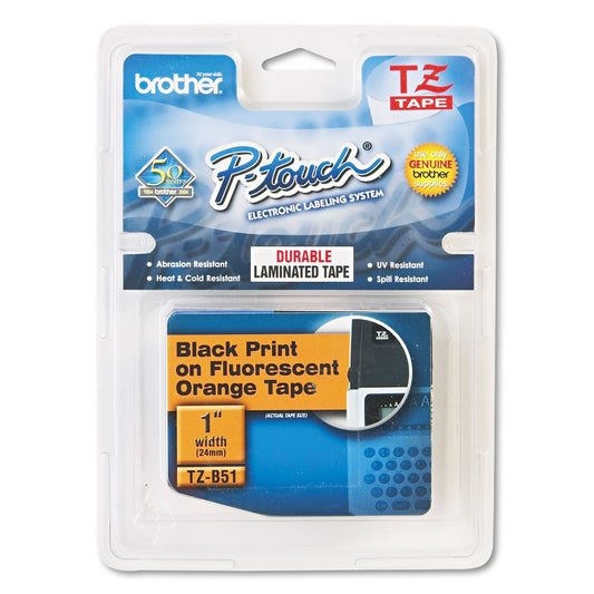 Brother TZe-B51 Labelling Tape Cassette, Black on Fluorescent Orange, 24mm (W) x 5M (L), Laminated, Brother Genuine Supplies